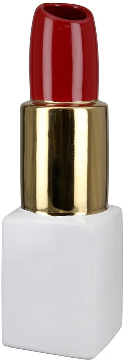 Gilde Handwerk - Vaas - Lipstick - Lippenstift Vaas - Keramiek - 20x6 cm wit goud rood
