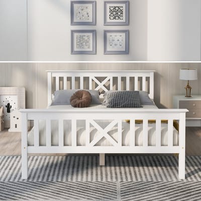Tweepersoonsbed 140 x 200 cm - met bedframe en lattenbodem - met hoofdeinde - kinderbed - tienerbed - massief hout - wit - zonder matras