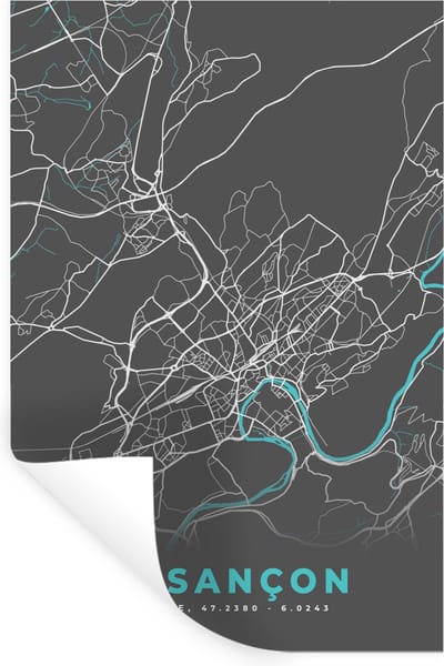 Muurstickers - Sticker Folie - Kaart - Plattegrond - Stadskaart - Besançon - Frankrijk - 20x30 cm - Plakfolie - Muurstickers Kinderkamer - Zelfklevend Behang - Zelfklevend behangpapier - Stickerfolie