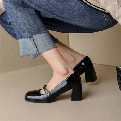 Schoenen met hoge hakken Dames Lente Vierkante neus Bruidsschoenen Dikke hak met Mary Jane schoenen Zapatos De Mujer Sexy Damesschoenen 34 black