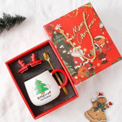Kerst Elk Deksel Mok Creatieve Waterbeker Kerst Keramische Beker Koffiekopje Souvenir Cadeauset Geschenkdoos 301-400ml red