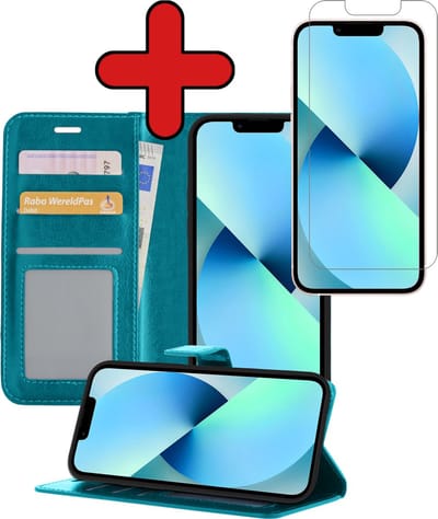Hoesje - Met Screenprotector - Geschikt voor Apple iPhone 13 Mini - Luxe Pasjeshouder - Flipcase - Bookcase Portemonee - Flip Case - Kunstleer Book Case - Book Cover - Walletcase - Portemonneehoes - Telefoonhoes - Turquoise