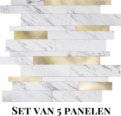Wallways Wandpanelen - Plaktegels - Set van 5 Tegels - Tegelsticker - Zelfklevende Tegels - 4MM dik - Aluminium toplaag - Waterdicht - Krasbestendig - Hittebestendig - 3M Kleeflaag - Mozaiek Strips Marmer Wit/Goud