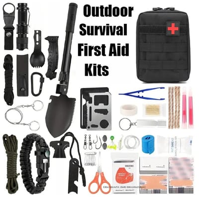 UFTA Survival Kit Outdoor EHBO - Noodpakket Opvouwbare Schop & Zaklamp - Paracord Armband MOLLE Tas - Complete Set - Zwart