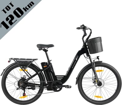 TTGO Elektrische Fiets C2 Pro - 26" stadsfiets - Tot 120 km Actieradius - 36V 18Ah Accu - Shimano 7 Versnellingen - LCD Display - Voorvorkvering - Inclusief Bagagedrager en Mand - zwart