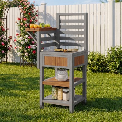 Tuinkast Hout - Met RVS Werkblad - BBQ Werktafel Met Dubbele Plank - Hout