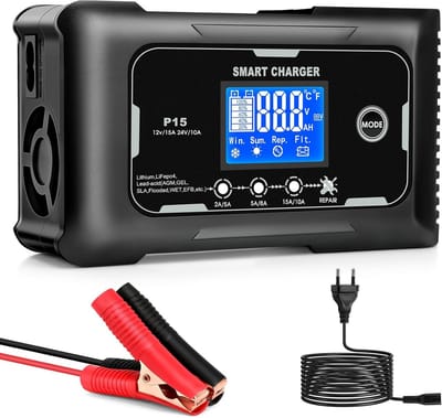 Slimme 12V/24V Acculader met 15A – Onderhoudslader voor Auto, Motor, Maaier & Boot