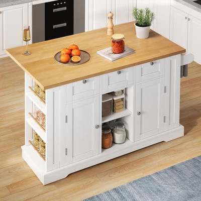 STILVORA Keukenwagen Met Uitschuifbaar Werkblad 2-in-1 - 132x40(70)x87 Cm - 3 Lades 2 Deurvakken - MDF - Wit+Natuur - Ingebouwde Stopcontacten En USB - 5 Wielen