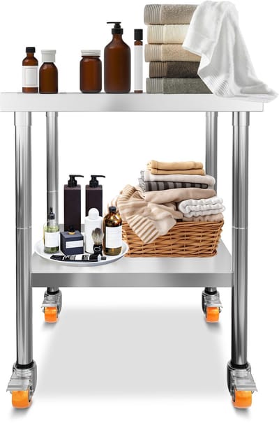 ACXIN RVS Werktafel Met Wielen Met Rem - 201 RVS + MDF - Verstelbare Poten - 300kg - 85x61x46cm