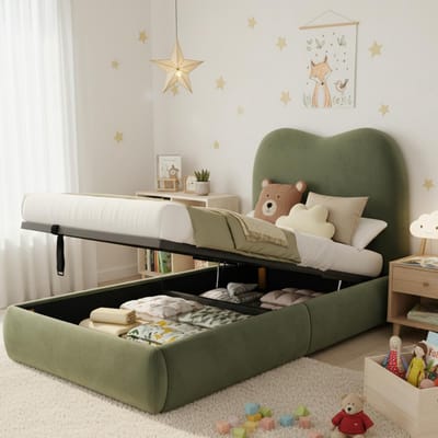 DESMIU Gestoffeerd Bed 90x200 cm - Kinderbed Met Hydraulische Oplifting - Grote Opbergruimte Onder Het Bed - Voor Kinderkamer - Zacht Fluweel - Groen - Zonder Matras