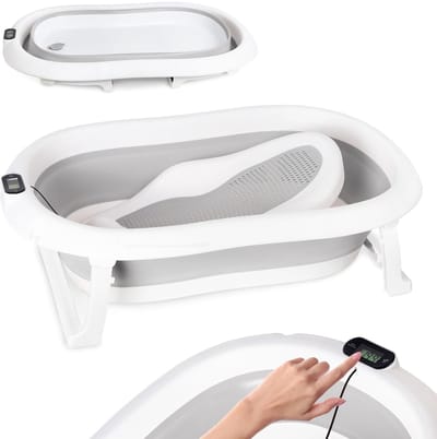 moovkee. Opvouwbaar Babybad 80 cm Grijs - Babybadewanne met Thermometer en Badesitz - Antislip Draagbare Babybadkuip voor 0-36 Maanden