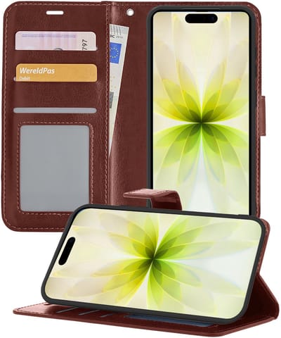 Hoesje - Met Pasjeshouder - Geschikt voor Apple iPhone 17 - Luxe Bookcase Portemonee - Flip Case - Kunstleer Book Case - Flipcase - Book Cover - Walletcase - Portemonneehoes - Telefoonhoesjes - Bruin