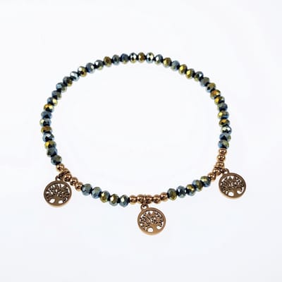 Elastische Armband Dames - Groenachtig Facet Geslepen Glaskralen - RVS Goudkleur - Levensboom