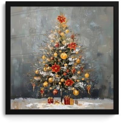 Poster in lijst - Fotolijst 40x40 cm - Posters - Kerstboom - Cadeaus - Rood - Goud - Posterlijst zwart - Decoratie - Wanddecoratie woonkamer - Muurdecoratie slaapkamer - Kerstversiering - Kerstdecoratie voor binnen - Kerstmis