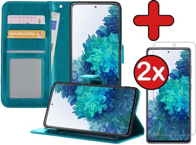 Hoesje - Met 2x Screenprotector - Geschikt voor Samsung Galaxy S20 FE - Luxe Pasjeshouder - Flip Case - Bookcase Portemonee - Kunstleer Book Case - Flipcase Hoes - Book Cover - Walletcase - Portemonneehoes - Telefoonhoes - Turquoise