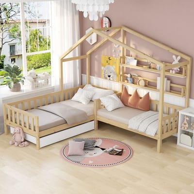 Sweiko Kinderbed - 90 x 200 cm + 140 x 70 cm - Met lades - Opbergrek - Massief hout + MDF - Naturel