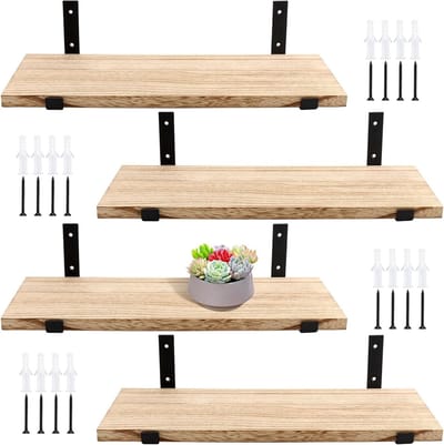 Set van 4 Wandplanken van Hout, 40 x 15 x 1.5 cm, Zwevende Planken voor Keuken, Badkamer en Slaapkamer met Bevestigingsschroeven