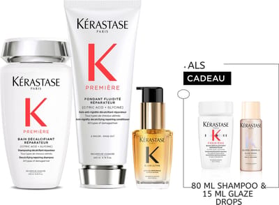 Kérastase Première-Elixir Ultime Herstellend Trio + 2 Cadeau's - Shampoo 250ml, Conditioner 200ml & Elixir Ultime Haarolie 30ml met Arganolie + Shampoo 80ml & Haarolie 15ml Cadeau - Voor Fijn, Beschadigd Haar