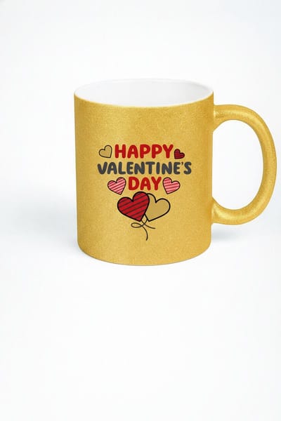 Gouden Glitter Valentijnsdag Mok 'Happy Valentine's Day' met Hartjes - Uniek Romantisch Cadeau