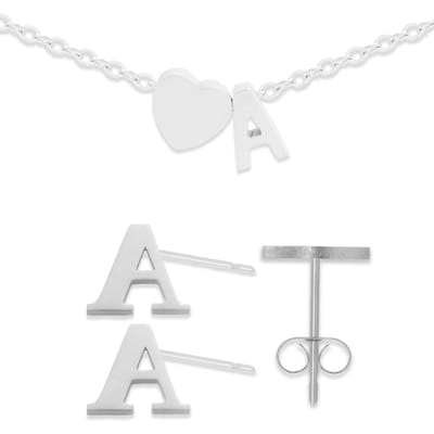 Initiaal Armband & Oorbellen set met Letter A Zilverkleurig - Stainless Steel - Met letter & Hartje! - 2x Sieraden Cadeau - Pax Amare