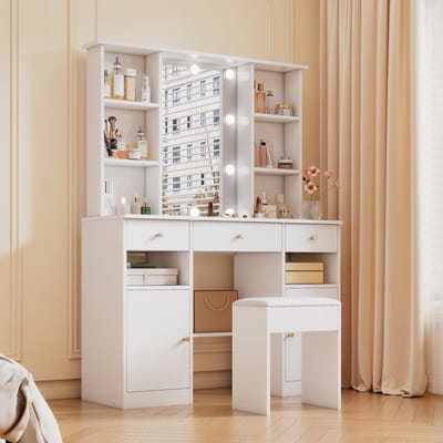 Grote kaptafel – kaptafel met verstelbare ledverlichting – voorzien van spiegel en kaptafelbankje – 3 lades en 2 deuren – wit voor de slaapkamer – afmetingen: H 151 cm × B 110 cm × D 40 cm