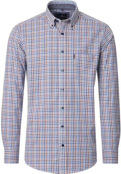 CASA MODA Sport casual fit overhemd - dobby - wit met blauw en bruin geruit - Strijkvriendelijk - Boordmaat: 51 - 52