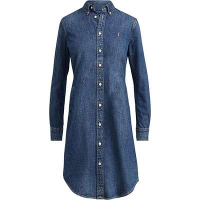 Polo Ralph Lauren Ss22 Pony Geborduurd Button-Down Lange Mouw Jurk Dames Jurken Blauw 211763630-001 XS gray
