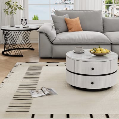 Wishdor Nesting salontafelset 2-delig rond wit hoogglans marmerlook — MDF, 60×60×46 & 50×50×31 cm, 2 laden, tot 30 kg