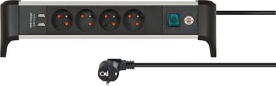 Brennenstuhl Alu-Office-Line stekkerdoos 4-voudig penaarde met USB (stekkerblok voor op het bureau met 1,8 m kabel en schakelaar, Made in Germany)
