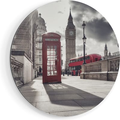Artaza Dibond Muurcirkel Rode Telefooncel in Londen bij de Big Ben - Ø 80 cm - Groot - Wandcirkel - Rond Schilderij - Voor Binnen en Buiten