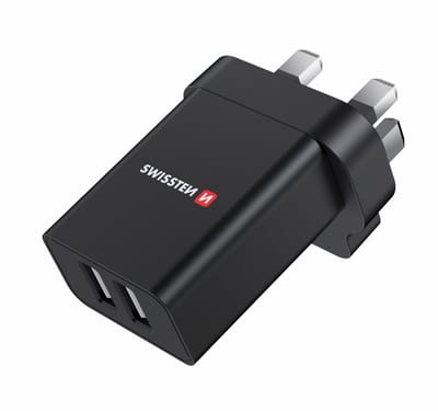 Swissten 2.1A Dubbele UK Reisoplader - 22045200 - Zwart