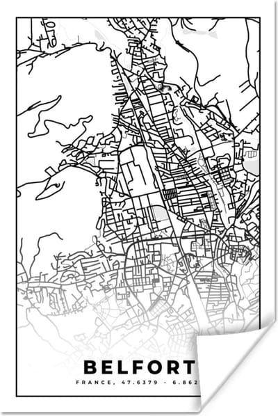 Poster Stadskaart - Belfort - Plattegrond - Kaart - Frankrijk - Zwart wit - 120x180 cm XXL