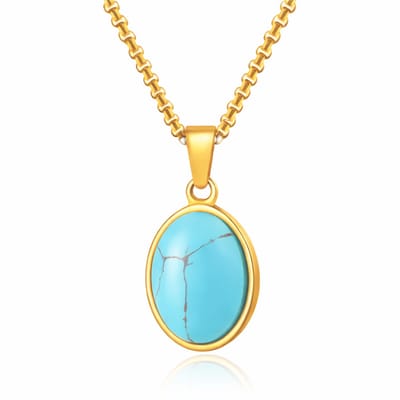 Mendes Goudkleurige Heren Ketting met Ovale Lichtblauwe Edelsteen Hanger