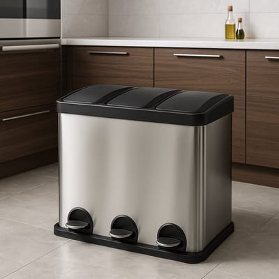 Prullenbak Afvalscheiding RVS Met Drie Vakken- 45 Liter (3x15L) - Trio Pedaalemmer- Soft Close & Hygiënisch- Zilver