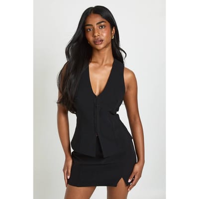 boohoo Dames Bengaline Gilet Met Haakjes En Oogjes | Zwart | Maat: 34