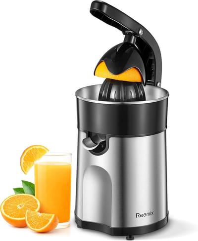 Elektrische Citruspers met Hefboomarm - Sinaasappelpers met 2 Perskegels voor Grapefruit, Sinaasappel, Citroen en Limoen - Auto Start-Stop en RVS Afwerking