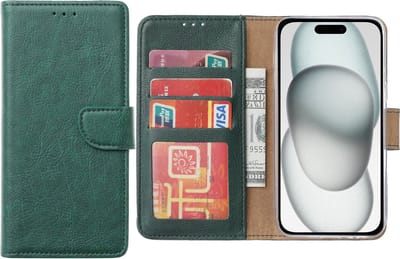 Hoesje Geschikt voor iPhone 15 – Arara bookcase met pasjeshouder- Groen