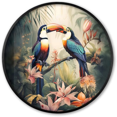 Poster in lijst Rond - Fotolijst 60x60 cm - Posters - Toekan - Vogels - Bloemen - Natuur - Jungle - Ronde posterlijst zwart - Decoratie - Wanddecoratie woonkamer - Muurdecoratie slaapkamer