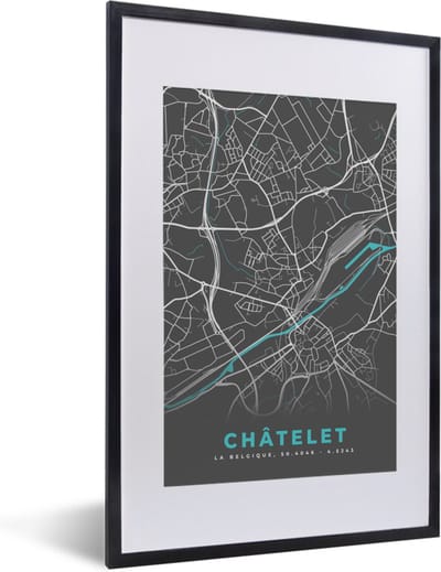Fotolijst incl. Poster - België – Châtelet – Stadskaart – Kaart – Blauw – Plattegrond - 40x60 cm - Posterlijst