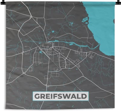 Wandkleed - Wanddoek - Duitsland – Blauw – Greifswald– Stadskaart – Kaart – Plattegrond - 180x180 cm - Wandtapijt