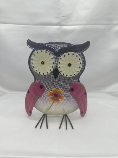 Metalen deco (tuin) uil - paars + roze & meerkleurig - hoogte 17x16x7cm - Woonaccesoires - Tuinaccessoires