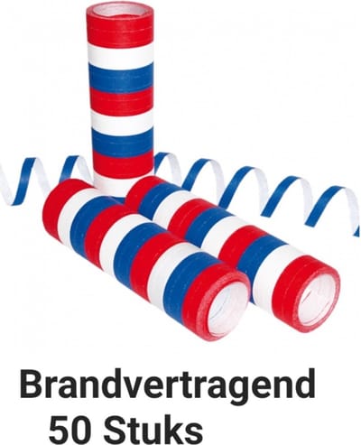 Serpentine BRANDVERTRAGEND, Brandveilig, Rood, Wit, Blauw , 50 rolletjes, Carnaval, Verjaardag, Horeca, Geslaagd, Koningsdag, Voetbal, WK, Halloween