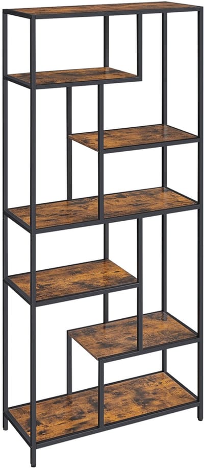 Moderne geometrische staande boekenkast met zes ongelijke planken creatief opbergrek en displayframe hoogte verstelbaar stevig en stabiel geschikt voor woonkamer, studeerkamer, slaapkamer en kantoor 30x80x180 cm bruin + zwart