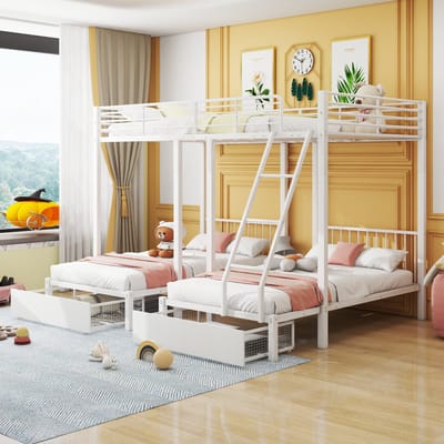 Driepersoons Stapelbed - met lades - metalen frame - ombouwbaar tot 140x200 cm + 2x 90x200 cm - wit