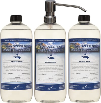 Handzeep No Scent No Colour 1 liter - set van 3 stuks - met gratis RVS zilverkleurige pomp - Voordeelverpakking