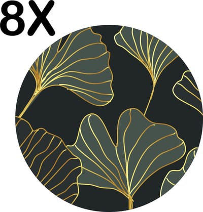 Luxe Ronde Placemat - Goud met Groene Getekende Bladeren - Set van 8 Placemats - 50x50 cm - 2 mm dik Vinyl - Anti Slip - Afneembaar