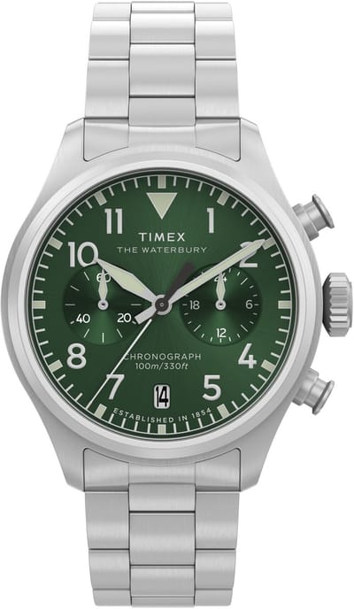 Timex Waterbury Ace Chronograph Quartz Chronograaf Horloge Zilverkleurig En Groen Kast Gemaakt Van 100% Roestvrij Staal En Een Armband Van 100% Roestvrij Staal 41 TW2Y19100AJ