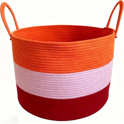 Grote Opbergmand met Handvatten in Tricolor Oranje Roze Rood, Ideaal voor Speelgoed, Kleding en Dekens, 50 x 33 cm