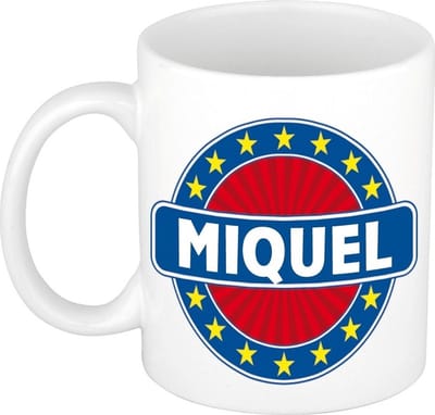 Bellatio Decorations - Miquel voornaam - koffiemok - beker - wit/blauw - 300 ml - Cadeau - Heren - Collega - Vaderdag - Verjaardag