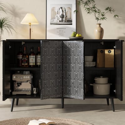Buffetkast 120x35x78 cm - Visgraat Deuren Met Uniek Design - Vrijstaand en Anti-Kantel - Hout - Zwart